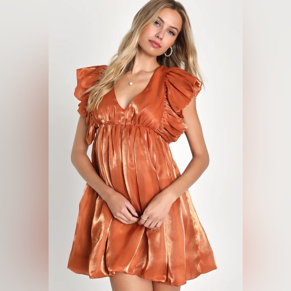 New Lulus Sensational Shimmer Shiny Rust Orange Ruffled Babydoll Dress NWT Large